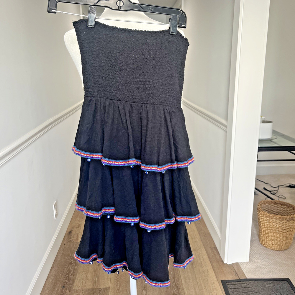Pitusa Black Tube Top Sundress Beaded Tiered Global Travel Peru Boho Sz S/M*
